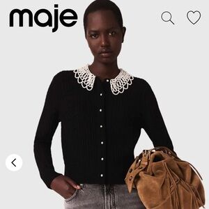 Maje Black Cardigan with Intricate White Collar